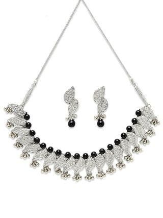 Silver Plated Kundan and Black Bead Jewellery