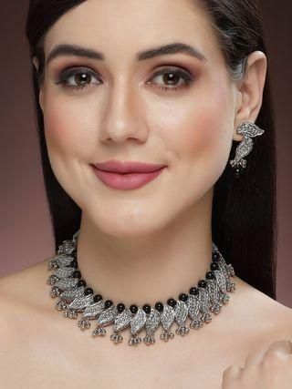 Silver Plated Kundan and Black Bead Jewellery